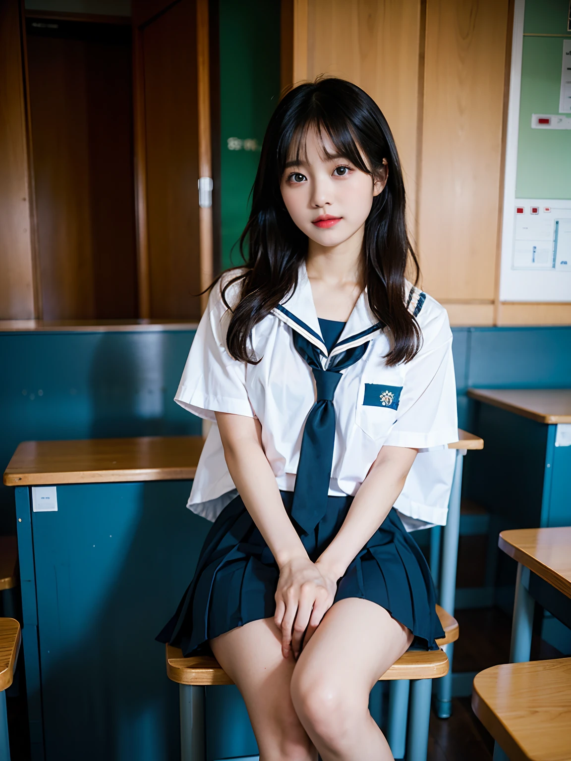 (top-quality、in 8K、32K、masterpiece、nffsw、超A high resolution、Impresionismo、Photorealsitic:1.2)、Colossal tits、cowboy shot, detailed faces and eyes、 Inside the classroom、Schools、Evening glow、beauitful face、blurry backround、16-year-old beautiful girl、shinny skin、Side Up、Beautiful black hair、Blunt bangs、Red Eye、(Katyusha:1.2)、a sailor suit、Pleated miniskirt、Curve、Sitting on a desk、