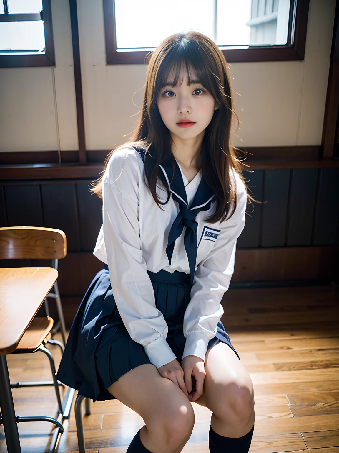 arafly dressed woman sitting on a chair in a school uniform, korean girl, jaeyeon nam, captured on canon eos r 6, sailor uniform, cute schoolgirl, a hyperrealistic schoolgirl, taken with canon 5d mk4, hyperrealistic schoolgirl, girl wearing uniform, wearing japanese school uniform, sakimichan, young ************