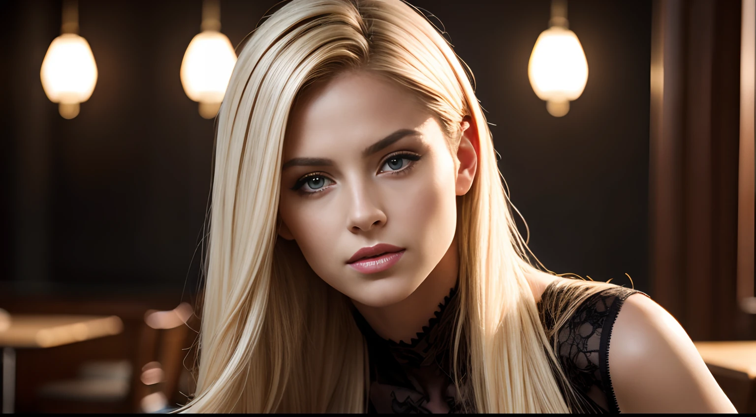 professional full body photo, (4k photo:1.1) by (Jeremy Lipking:0.3), (Dittmann Anna:0.3), (Arian Mark:0.3), (Sharp focus:1.3), high detail, elegant business woman, revealing black dress, restaurant, blond hair, instagram model pose, confident, fit girl, lean girl, small breasts:1.2, perfect anatomy, perfect symmetry:1.2, realistic, realistic face:1.2, perfect face, happy, confident, highly detailed, and dramatic, cinematic lighting, bright scene, soft lights