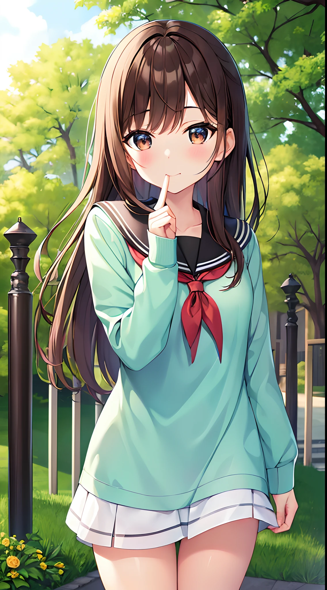 Hi-Res、​masterpiece、Brown hair、Soio、Female one、hi-school girl、a park、Colored leaves、细致背景、A detailed eye、（（Brown-eyed））,Beautiful and perfect legs, Clean and perfect hands(put index finger on mouth:1.2)