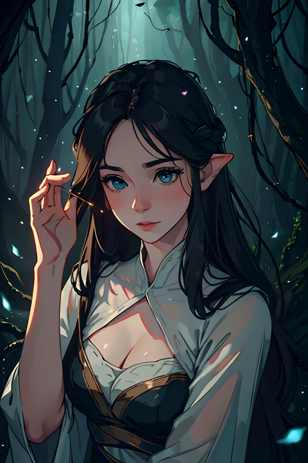 (best quality,4k,8k,highres,masterpiece:1.2),ultra-detailed,(realistic,photorealistic,photo-realistic:1.37),a beautiful woman with long black hair,wearing medieval black clothes,in a dark forest,blue eyes,beautiful detailed facial features,pale skin with a blush,ample bosom,dark and mysterious atmosphere,subtle moonlight filtering through the trees,misty and foggy environment,soft and ethereal lighting,elven-like appearance,delicate and feminine features,calm and serene expression,gently waving hair adding a sense of movement and grace,surrounded by tall ancient trees with twisted branches and hanging vines,subtle hints of magical elements like glowing fungi and shimmering fireflies,an air of mystery and enchantment.