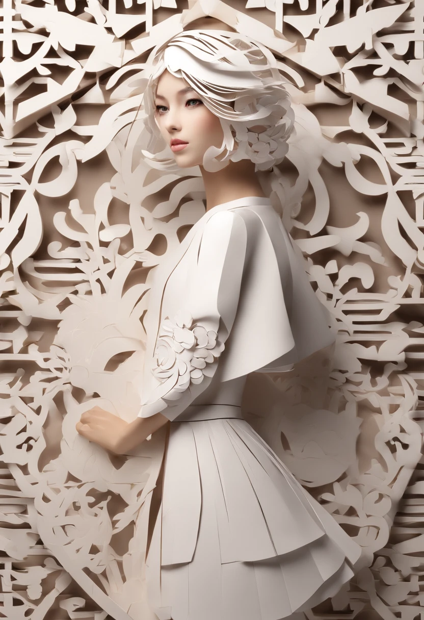 paper art、Colored paper、a beauty girl, hoody,short skirt, abstract backgrounds、Abstract characters