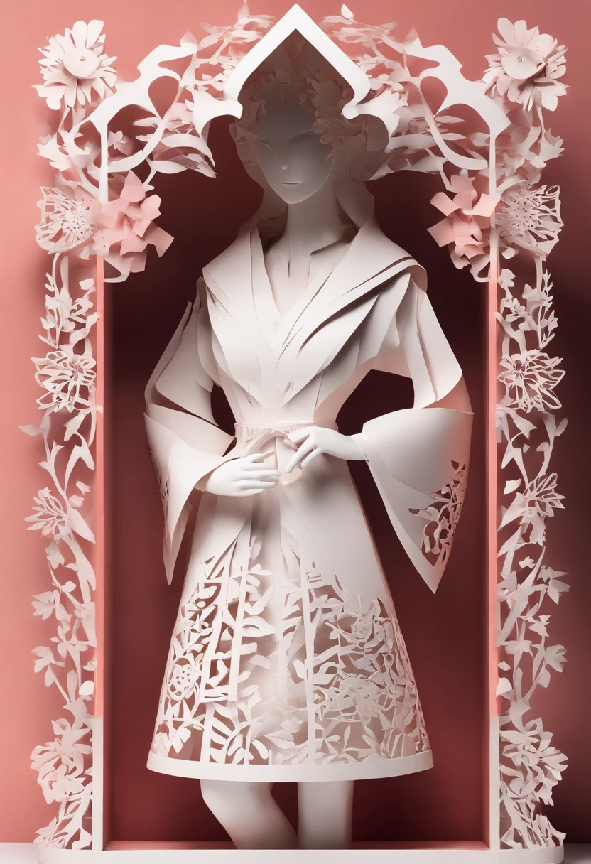 paper art、Colored paper、a beauty girl， hoody，short  skirt， abstract backgrounds、Abstract characters