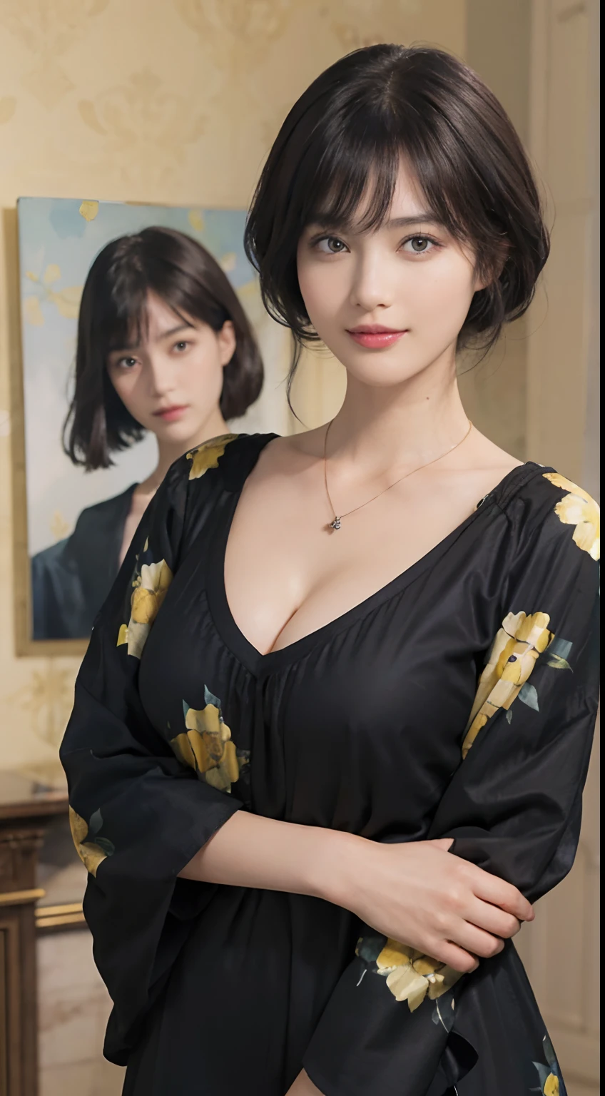 (((Black Shorthair))), (Louvre Museum), Pose Seductive, (A hyper-realistic), (Illustration), (Increased resolution), (8KUHD), (Extremely detailed), (Best Illustration), (Beautiful and detailed eyes), (Best Quality), (ultra-detailliert), (masutepiece ), ( Wallpaper), (Detailed face), Solo, (One woman dressed in blue and yellow), (Floral clothing), (Breast bulge), Fine details, Detailed face, Deep Shadows, lowkey, pureerosfaceace_v1, Smiling, 46 point slanted bangs, (Stand in front of an abstract painting), Wearing a necklace