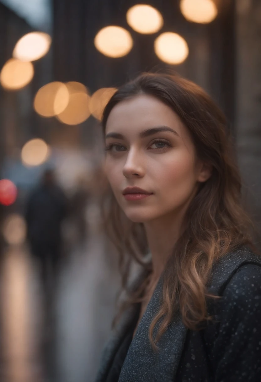 Girl on a rainy night，Front lens，Street background （Close-up Shot Shot：1.6），best qualtiy，f / 1 HD photography T bokeh，Depth of field Macro The atmosphere is sad