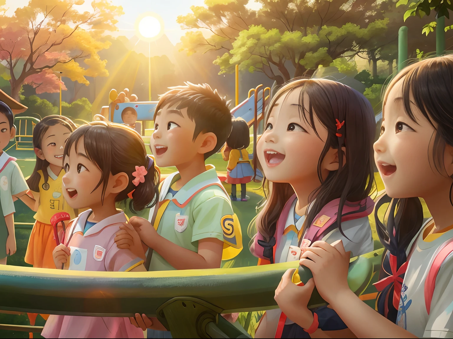 Asian people, Young pioneers, Primary 5 grade, On the playground in the early morning, ssmile, Delicate facial features, Warm sunshine, Sing our dreams together。Under the sunset, Thoughts drift to the future。We are the hopeful landscape of this land。Envisioning the future, wide shot