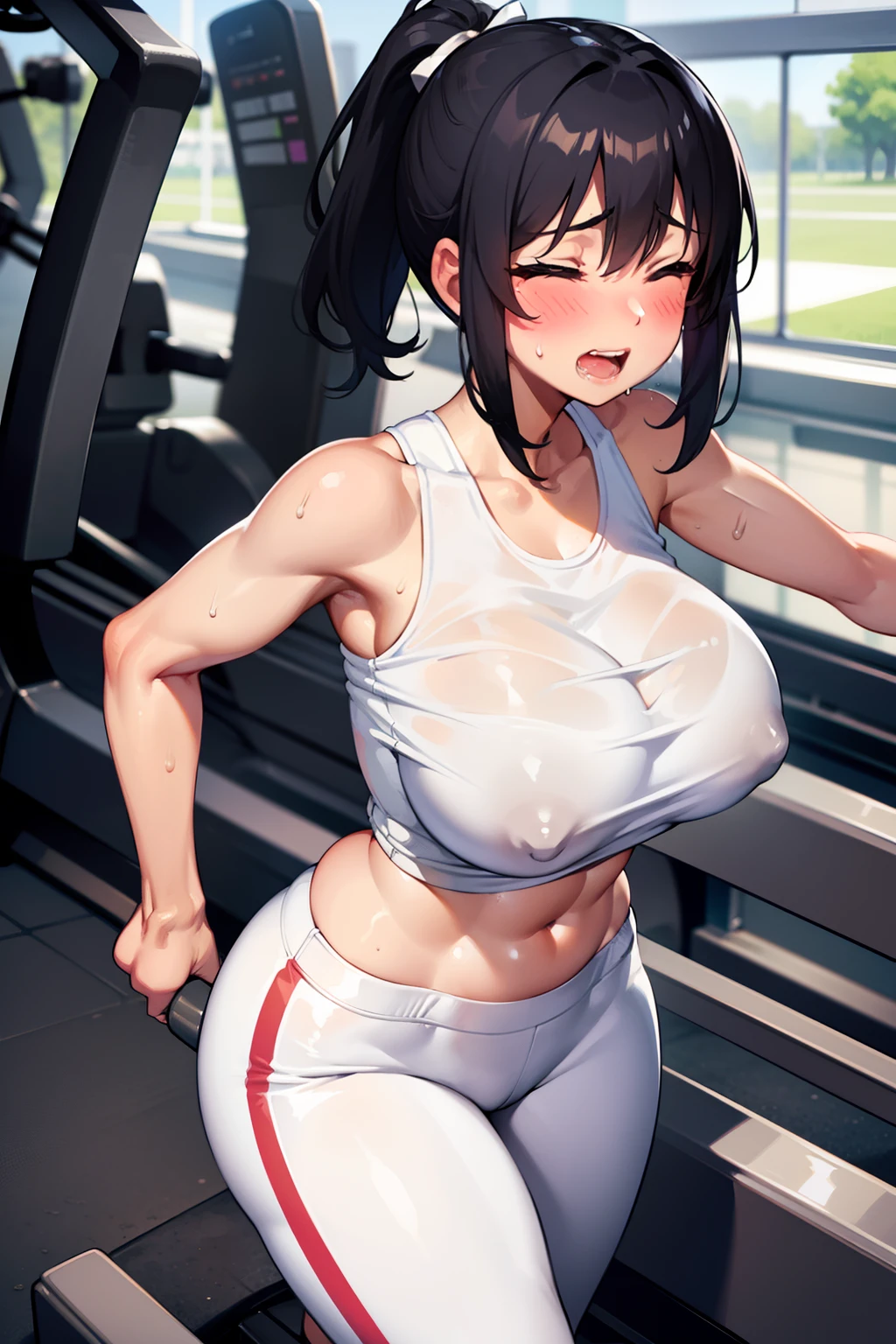 gym, exersice, hot, sweating, sweaty, tan, big boobs, tan skin, lifting, flustered, blush, white clothes, see thru,  black hair, ponytail, black hair , older girl,  in pain, teeth clenching, clenching teeth, eyes closed, closed eyes, treadmill, running on treadmill, sprinting, sprinting on treadmill, plump, white yogapants, white pants, plump