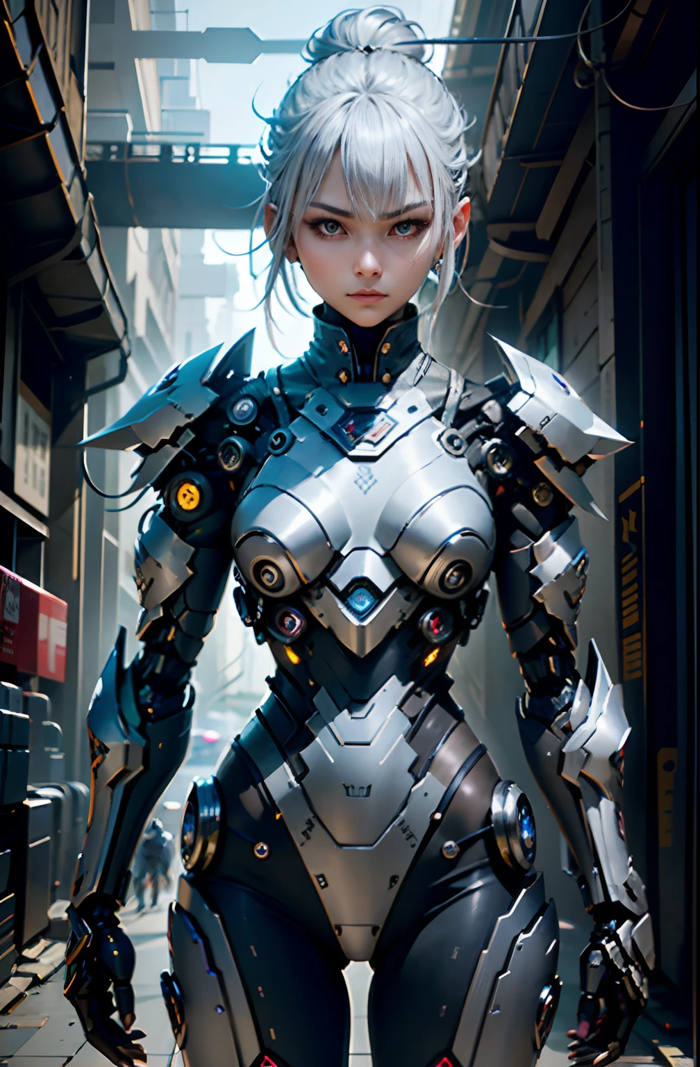 Fantasy、Silver hair color、Super short hairstyles、cyberpunked、(Double Sword、Scorpion Cyborg Woman、Das Veilchen:1.1)、1 woman、Mechanical technology、Robot Presence、Ninja-like fighting stance、Cybernetic Guardian、