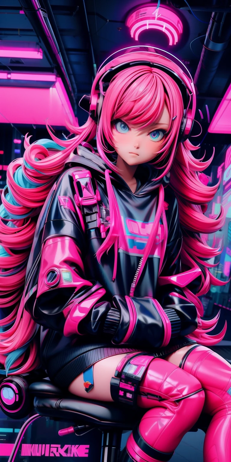 anime girl with pink hair sitting on a chair in a neon city, long curly hair, cyberpunk anime girl in hoodie, cyberpunk anime girl, anime style 4 k, anime cyberpunk art, best anime 4k konachan wallpaper, digital cyberpunk anime art, female cyberpunk anime girl, digital cyberpunk - anime art, cyberpunk anime art, anime cyberpunk, cyberpunk streetwear, cyberpunk art style