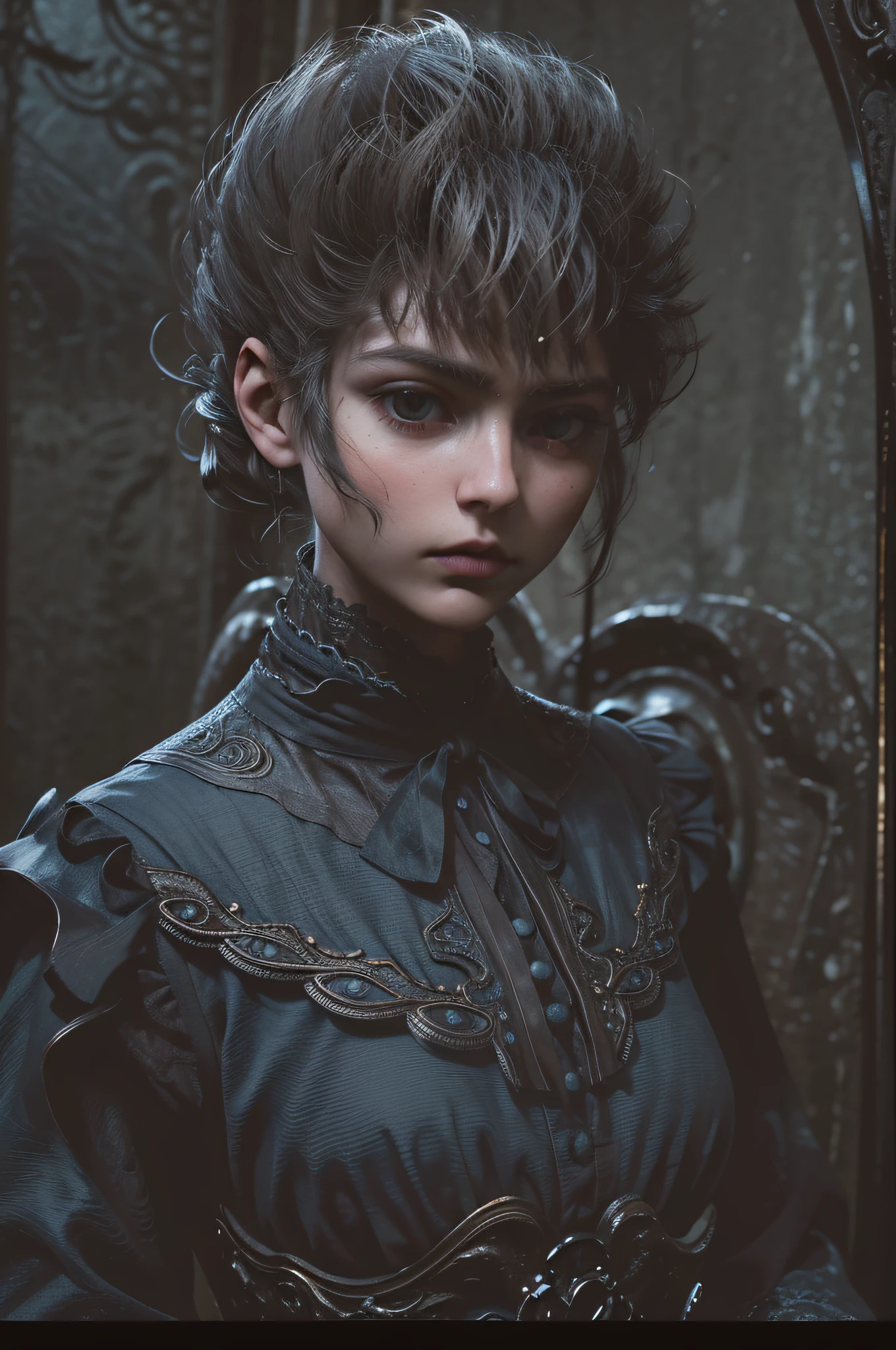 Official Art, Unity 8k wallpaper, super detailed, beautiful, beautiful, masterpiece, best quality,
darkness, atmosphere, mystery, romanticism, creepy, literature, art, fashion, victorian, decoration, intricacies, ironwork, lace, contemplation, emotional depth, supernatural,
1 girl, solo, neck, bust composition