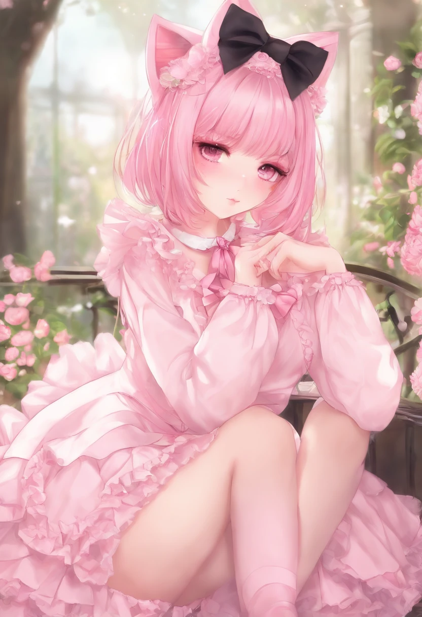 Pink hair,Cat ears,Pink eyes,Light pink ta,black over-the-knee socks,pink bows,nakeness,Shy face