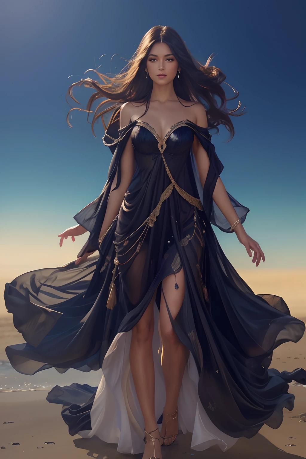 A beautiful dark haired woman walks along an expansive ocean beach of dreams, digital painting, digital illustration, extreme detail, digital art, 4k, ultra hd, by Michael Garmash, Ben Bauchau