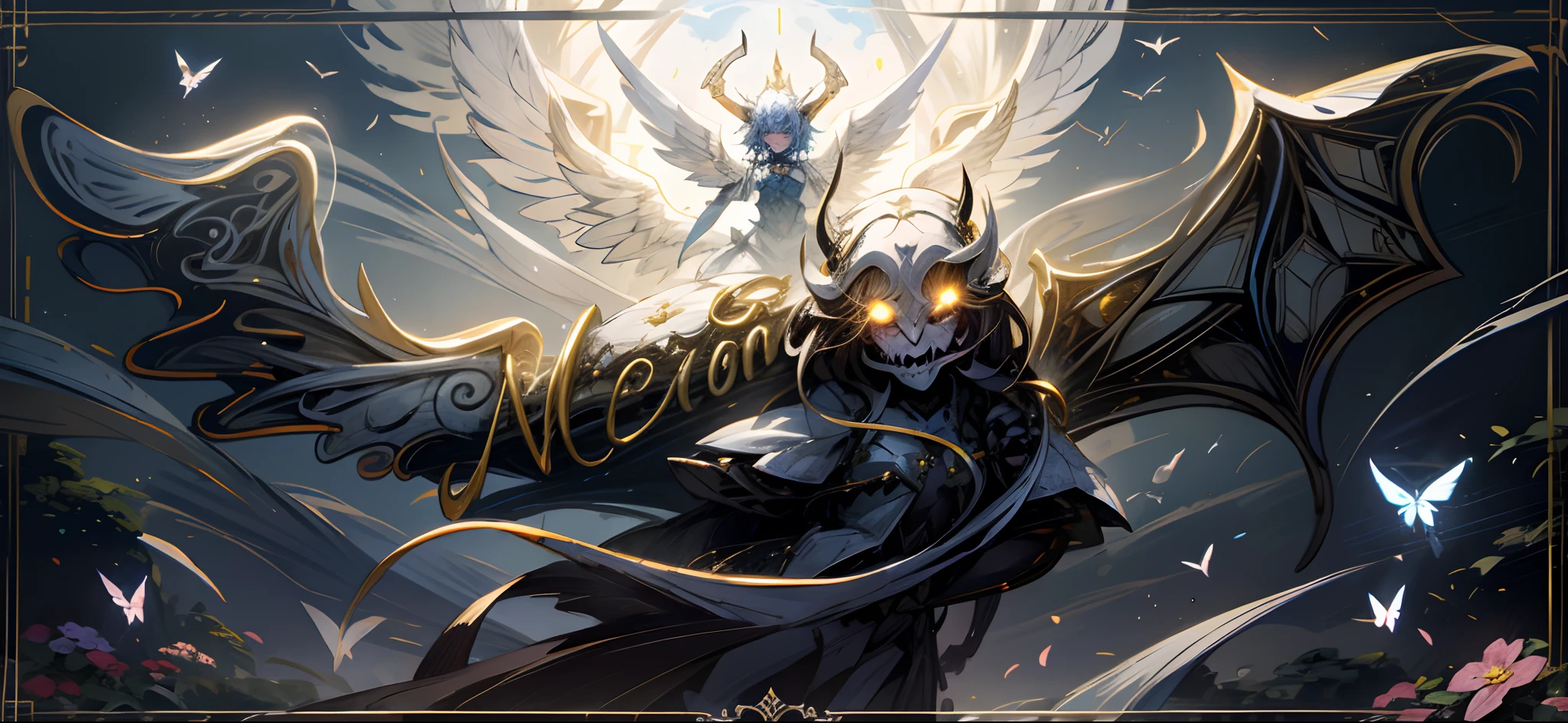 Flower garden, moon, sky , angel wings, devil wings, skull in the middle, bright eyes, light butterflies, kittens