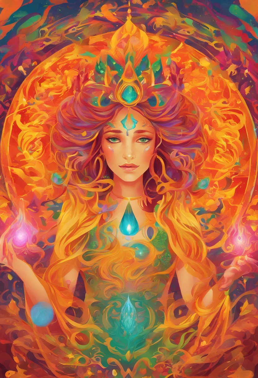 A witch goddess with flowing hair and a glowing halo floating above her head, casting powerful and mesmerizing spells. She has piercing green eyes that are filled with ancient wisdom and a mischievous smile on her lips. Her skin radiates with a golden glow, reflecting her divine power. She is adorned in a flowing robe made of fine silk, adorned with intricate patterns and symbols that represent magic and mysticism. The atmosphere around her is filled with an ethereal mist, sparkling with iridescent colors. The scene is bathed in soft, warm lighting, casting a magical glow on everything around her. The spells she casts form beautiful trails of glowing particles, swirling and dancing in the air. The entire image is of the highest quality, with ultra-detailed features and vibrant colors, creating a mesmerizing masterpiece.