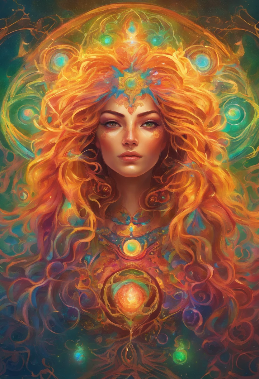 A witch goddess with flowing hair and a glowing halo floating above her head, casting powerful and mesmerizing spells. She has piercing green eyes that are filled with ancient wisdom and a mischievous smile on her lips. Her skin radiates with a golden glow, reflecting her divine power. She is adorned in a flowing robe made of fine silk, adorned with intricate patterns and symbols that represent magic and mysticism. The atmosphere around her is filled with an ethereal mist, sparkling with iridescent colors. The scene is bathed in soft, warm lighting, casting a magical glow on everything around her. The spells she casts form beautiful trails of glowing particles, swirling and dancing in the air. The entire image is of the highest quality, with ultra-detailed features and vibrant colors, creating a mesmerizing masterpiece.