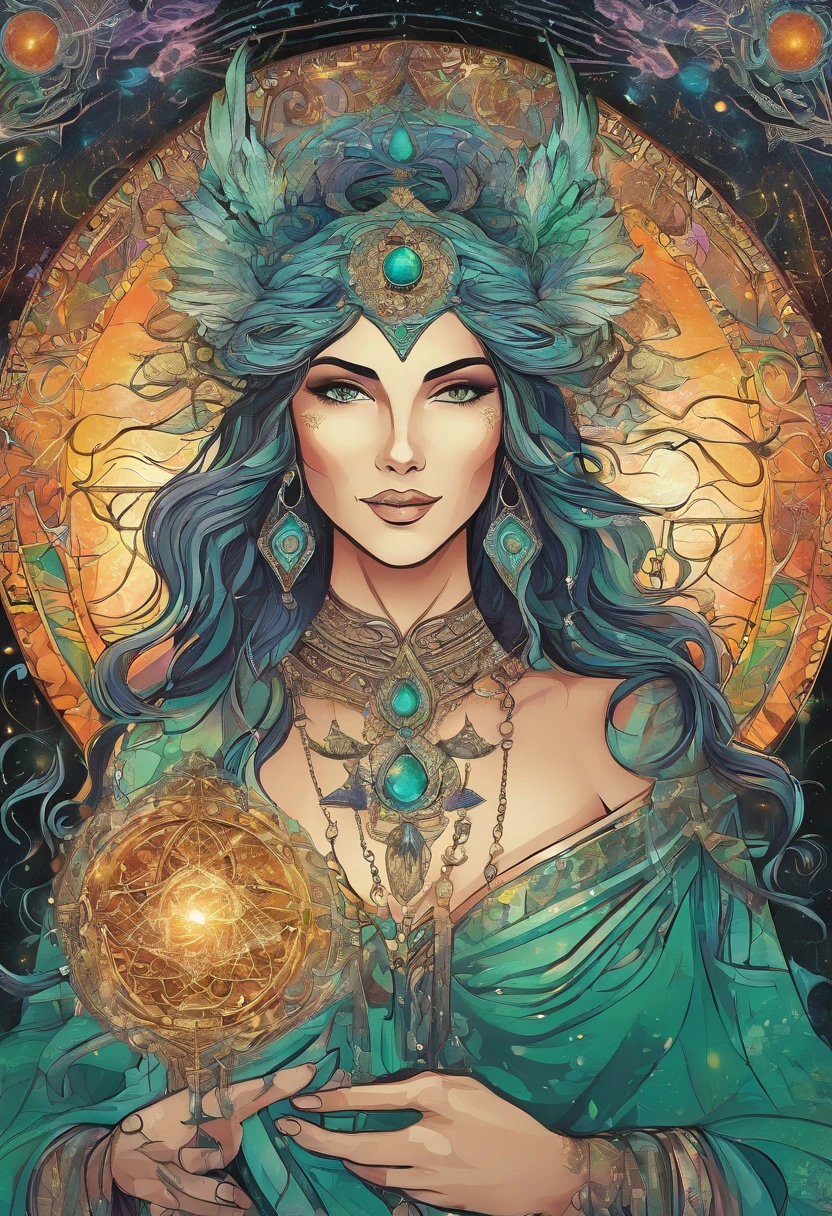 A witch goddess with flowing hair and a glowing halo floating above her head, casting powerful and mesmerizing spells. She has piercing green eyes that are filled with ancient wisdom and a mischievous smile on her lips. Her skin radiates with a golden glow, reflecting her divine power. She is adorned in a flowing robe made of fine silk, adorned with intricate patterns and symbols that represent magic and mysticism. The atmosphere around her is filled with an ethereal mist, sparkling with iridescent colors. The scene is bathed in soft, warm lighting, casting a magical glow on everything around her. The spells she casts form beautiful trails of glowing particles, swirling and dancing in the air. The entire image is of the highest quality, with ultra-detailed features and vibrant colors, creating a mesmerizing masterpiece.