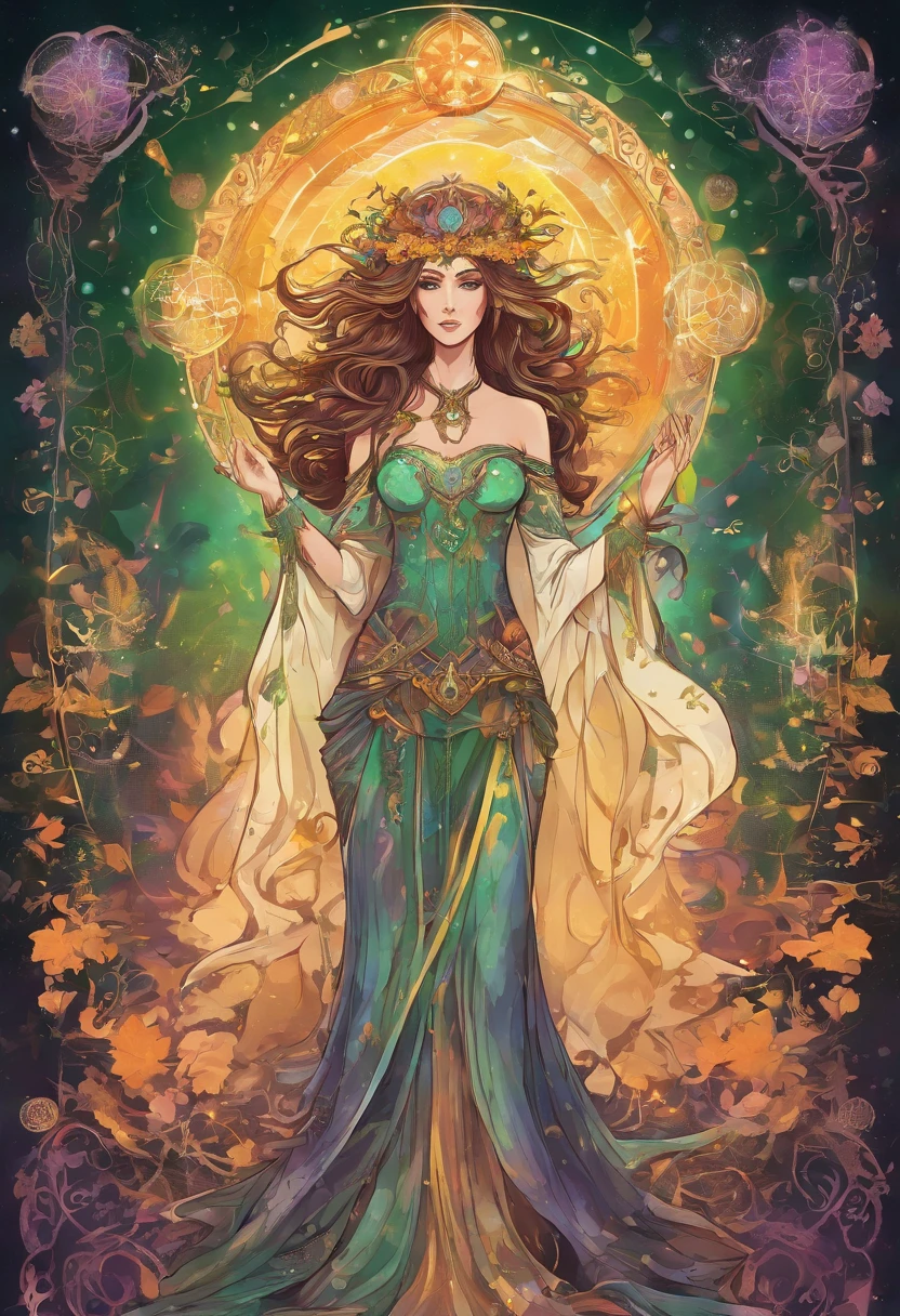 A witch goddess with flowing hair and a glowing halo floating above her head, casting powerful and mesmerizing spells. She has piercing green eyes that are filled with ancient wisdom and a mischievous smile on her lips. Her skin radiates with a golden glow, reflecting her divine power. She is adorned in a flowing robe made of fine silk, adorned with intricate patterns and symbols that represent magic and mysticism. The atmosphere around her is filled with an ethereal mist, sparkling with iridescent colors. The scene is bathed in soft, warm lighting, casting a magical glow on everything around her. The spells she casts form beautiful trails of glowing particles, swirling and dancing in the air. The entire image is of the highest quality, with ultra-detailed features and vibrant colors, creating a mesmerizing masterpiece.