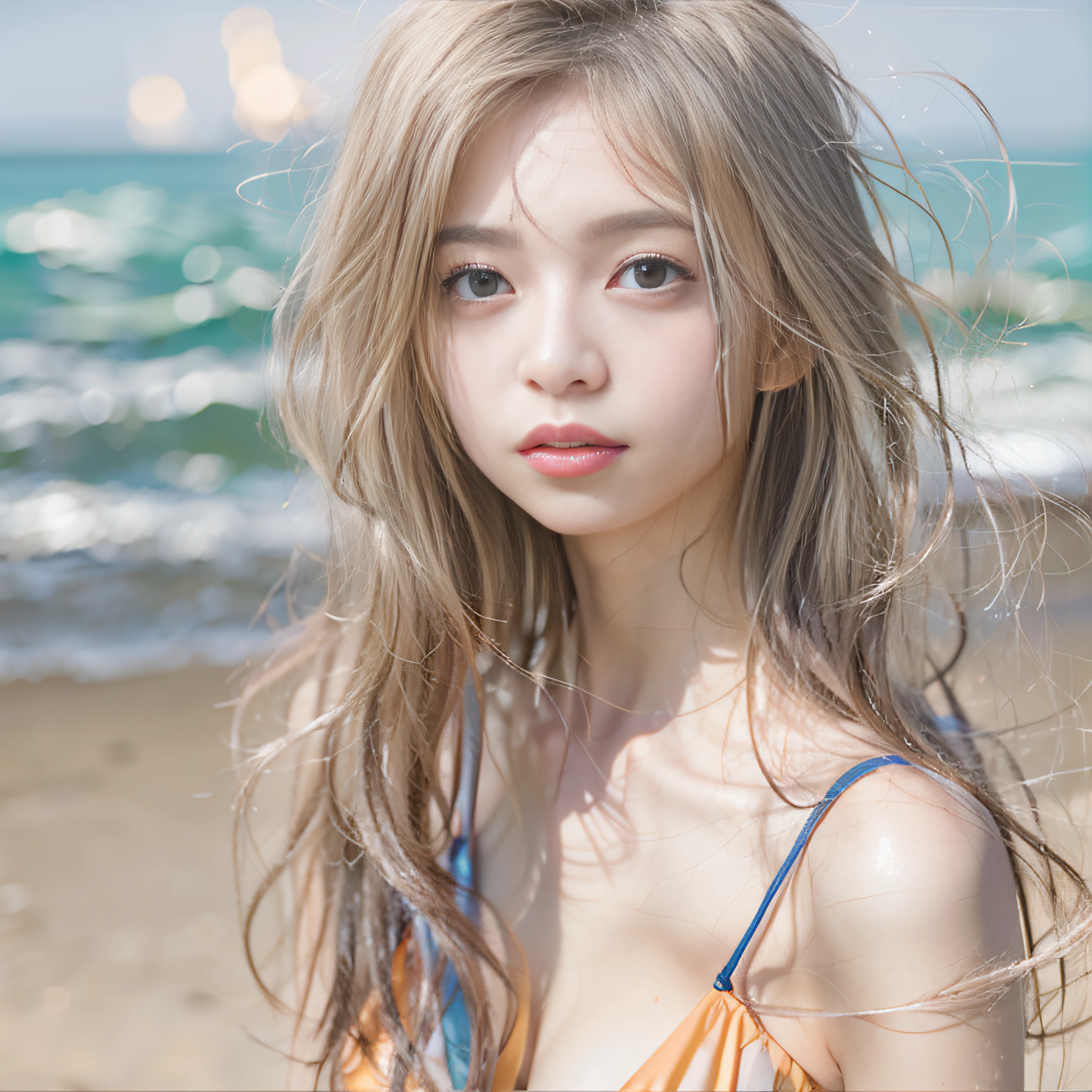 1girl in、shores、Beach、coast、(((20yr old)))、(((Sexy swimming costume)))、Whole body、a closeup、A smile、、(8K、Raw photography、top-quality、masterpiece:1.2)、(realisitic、photoRealstic:1.37)、Highly detailed eyelash drawing、(((Top image quality))),Colossal tits、Fine skin, (Beautiful hair), (Perfect Anatomy), (Realistic), (Dynamic Angle), Pose Seductive,Perfect,Sensual look、top-quality、hight resolution、
