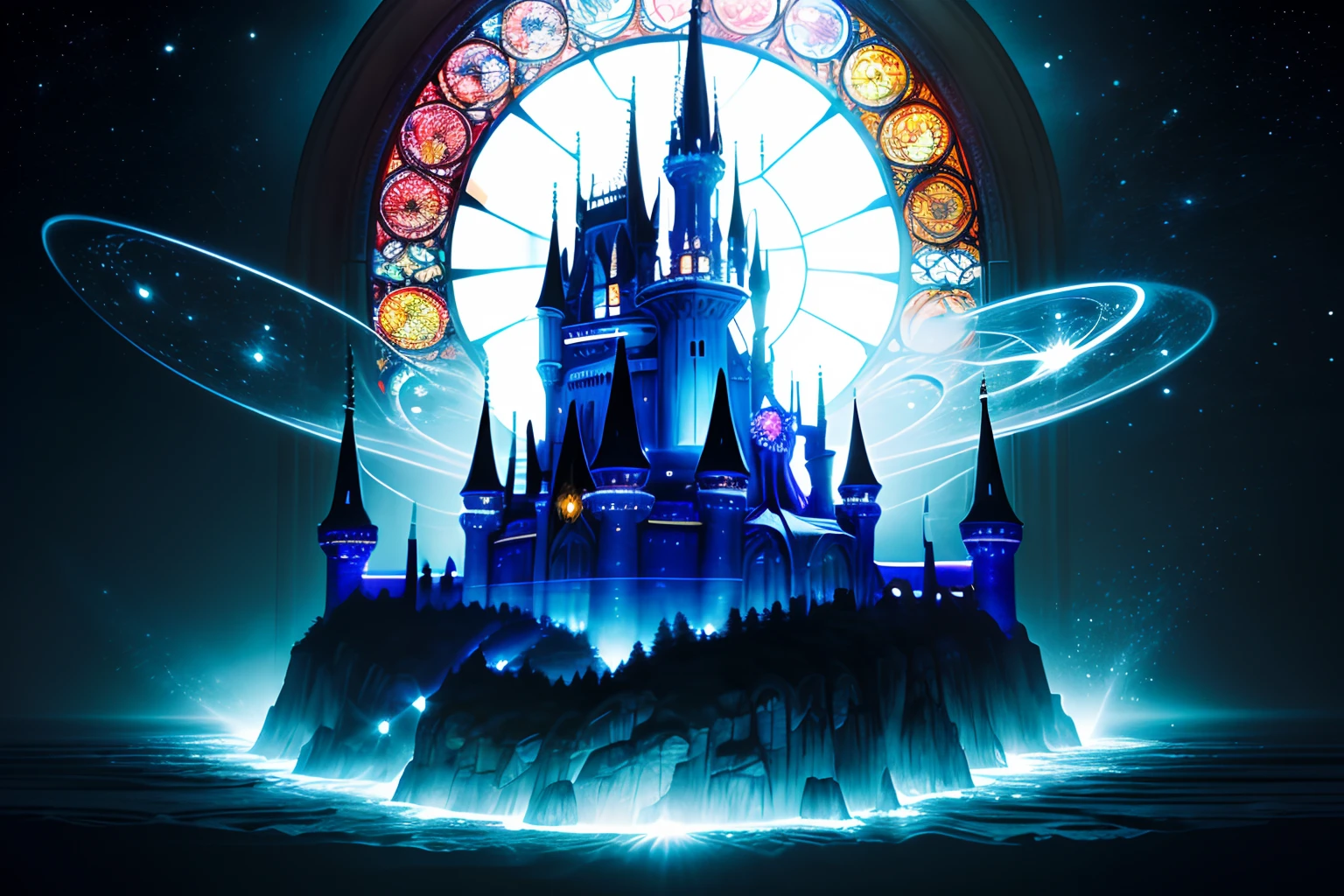 ((flight majestic neo-gothic magic castle floating with floating between in the space:1.3)), surrounded by a magical array of symbols and runes. (magnificent magic circle floating above the hand of a god reaches down from the heavens:1.3), imbuing the castle with divine power. the translucent walls of the castle shimmer with the light of countless spells, creating an atmosphere of wonder and mystery. This is a world of fantasy and magic, where anything is possible. ethereal light, giving it an otherworldly feel. walls adorned with intricate carvings and stained glass windows, in a realm beyond our own, buildings are made of shimmering, divine possession, insane details, highest quality, highly quality, impeccable quality, crisp clarity that is unmatched, sharpness and clarity unmatched, airbrush drawing, acrylic paint, carving, chalk drawing, holography, light field photography, palette knife and brush strokes, mixed media,