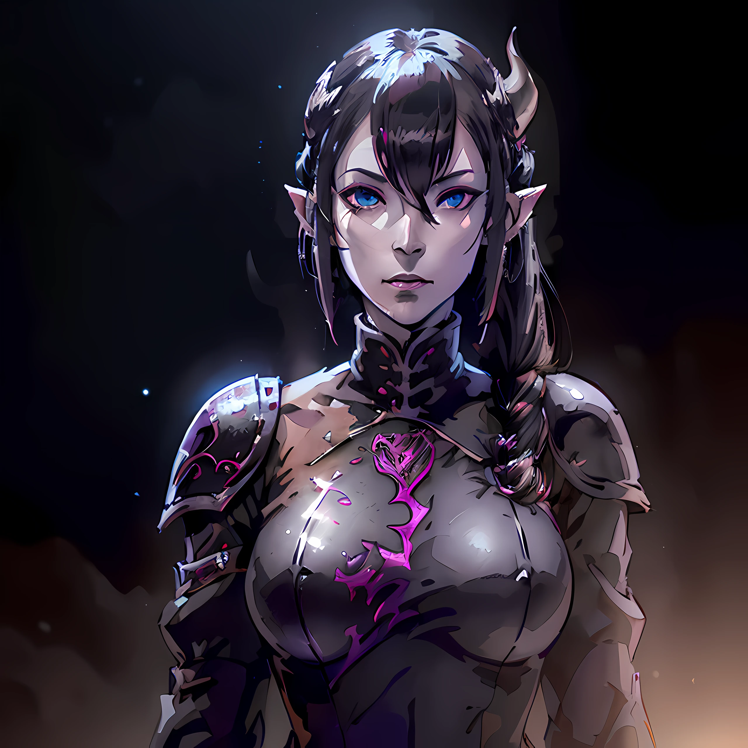 (masterpiece), best quality, ((baldur's gate 3)), simple white background, dnd character design, glowing silver lilac eyes, (((long straight black hair, sidecut hairstyle))), (((bg3 tiefling)))