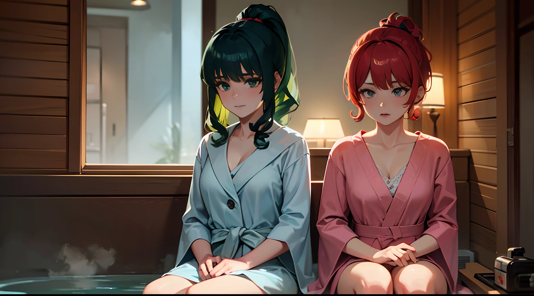 masterpiece, lots of detail, 4k, 8k, ((ultra-detailed)), highres, soft lighting, 2girls, spa, bathrobe, talking, {red hair|green hair|black hair|blue hair}, {ponytail|short hair|long hair|curly hair}