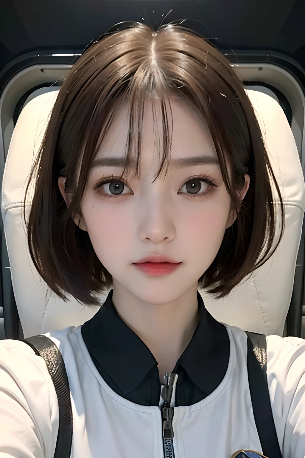 top-quality、masterpiece、超A high resolution、(realisitic:1.4)、Beautuful Women1、Beautiful detail eyes and skin、ssmile、Light brown short-cut hair、The perfect spacesuit、spaceships、Inside the spacecraft、macrocosm、