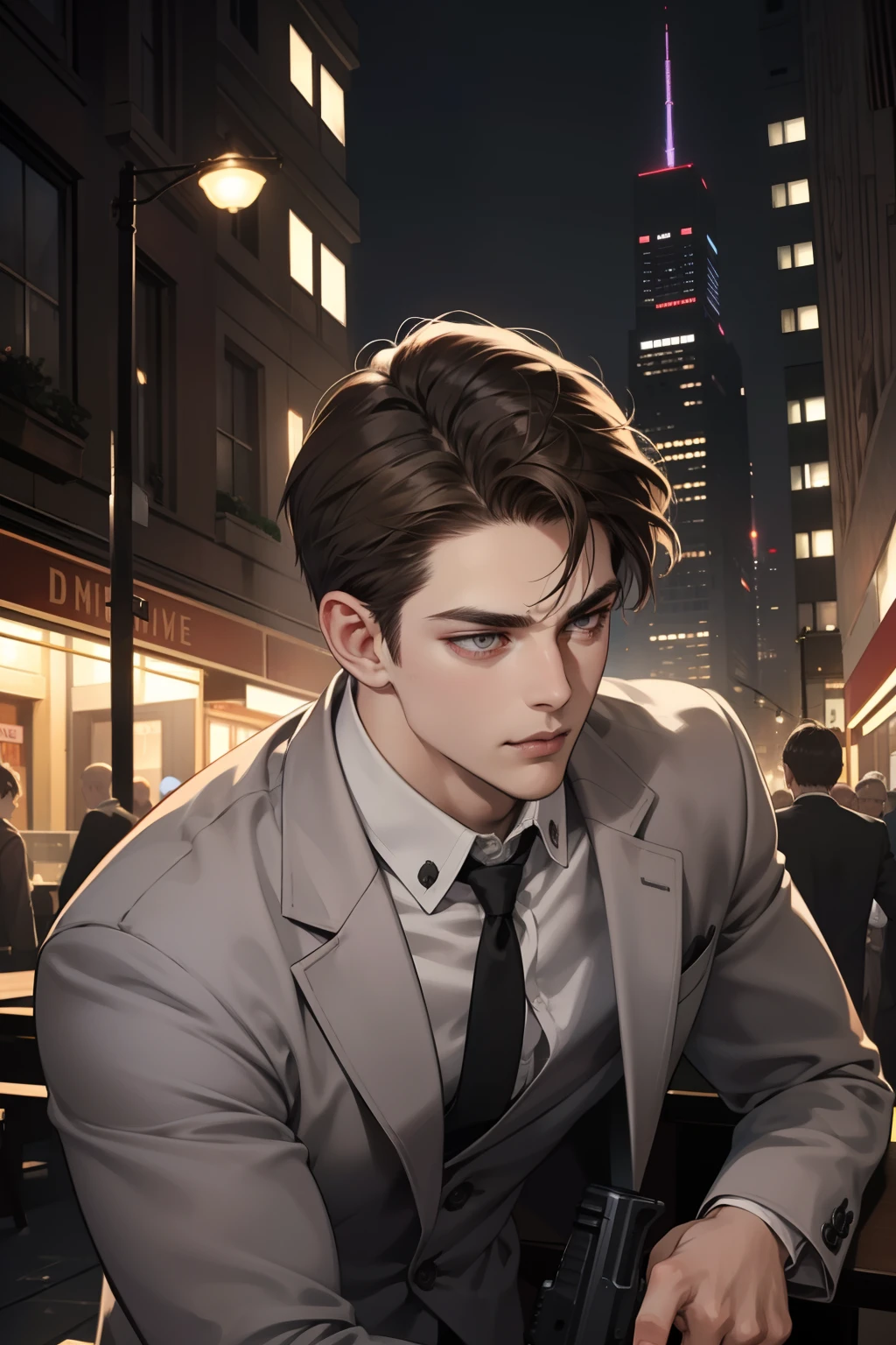 masterpiece, best quality, realistic, 1man, mature male, quiet and charming young man, 25 years old, close his eyes, serious look, extremely detailed face, ((dark grey eyes)), ((short-right-swept dark brown hair)), [thick eyebrows], detective, in the city, ((suit)), cinematic lighting, looking at the audience, posture dynamics, smirk, (hold a gun)