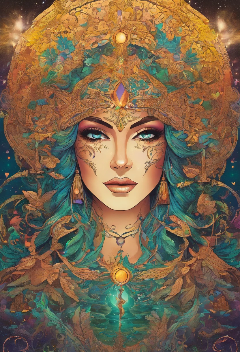 A witch goddess with flowing hair and a glowing halo floating above her head, casting powerful and mesmerizing spells. She has piercing green eyes that are filled with ancient wisdom and a mischievous smile on her lips. Her skin radiates with a golden glow, reflecting her divine power. She is adorned in a flowing robe made of fine silk, adorned with intricate patterns and symbols that represent magic and mysticism. The atmosphere around her is filled with an ethereal mist, sparkling with iridescent colors. The scene is bathed in soft, warm lighting, casting a magical glow on everything around her. The spells she casts form beautiful trails of glowing particles, swirling and dancing in the air. The entire image is of the highest quality, with ultra-detailed features and vibrant colors, creating a mesmerizing masterpiece.