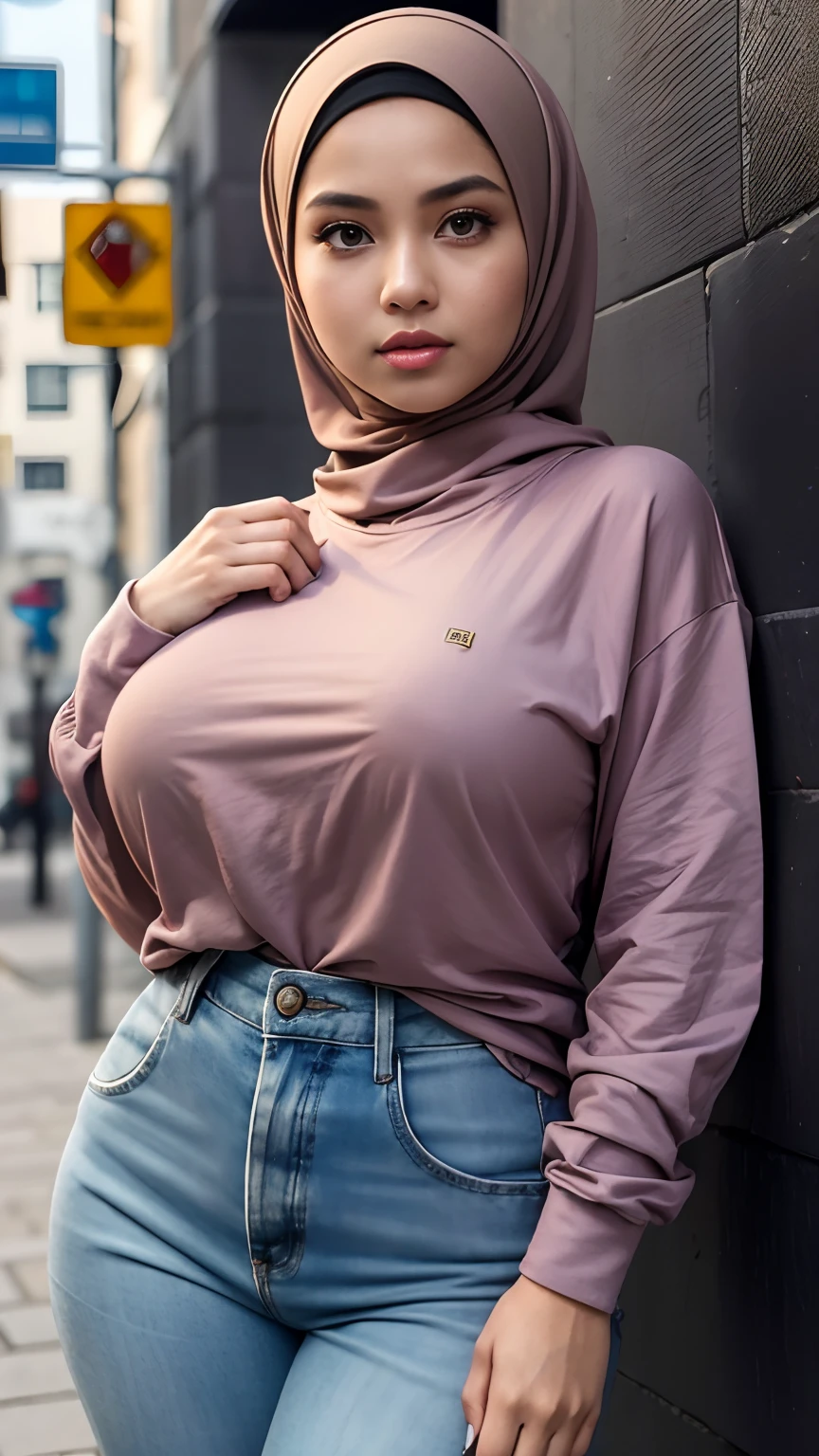 (Best quality, high resolution, masterpiece: 1.3), a beautiful malay woman in hijab, big breasts, slim figure, sweatshirt, beautifully presented details in the street and facial and skin texture, detailed eyes, double eyelids, big eyeschest visible, shirt open