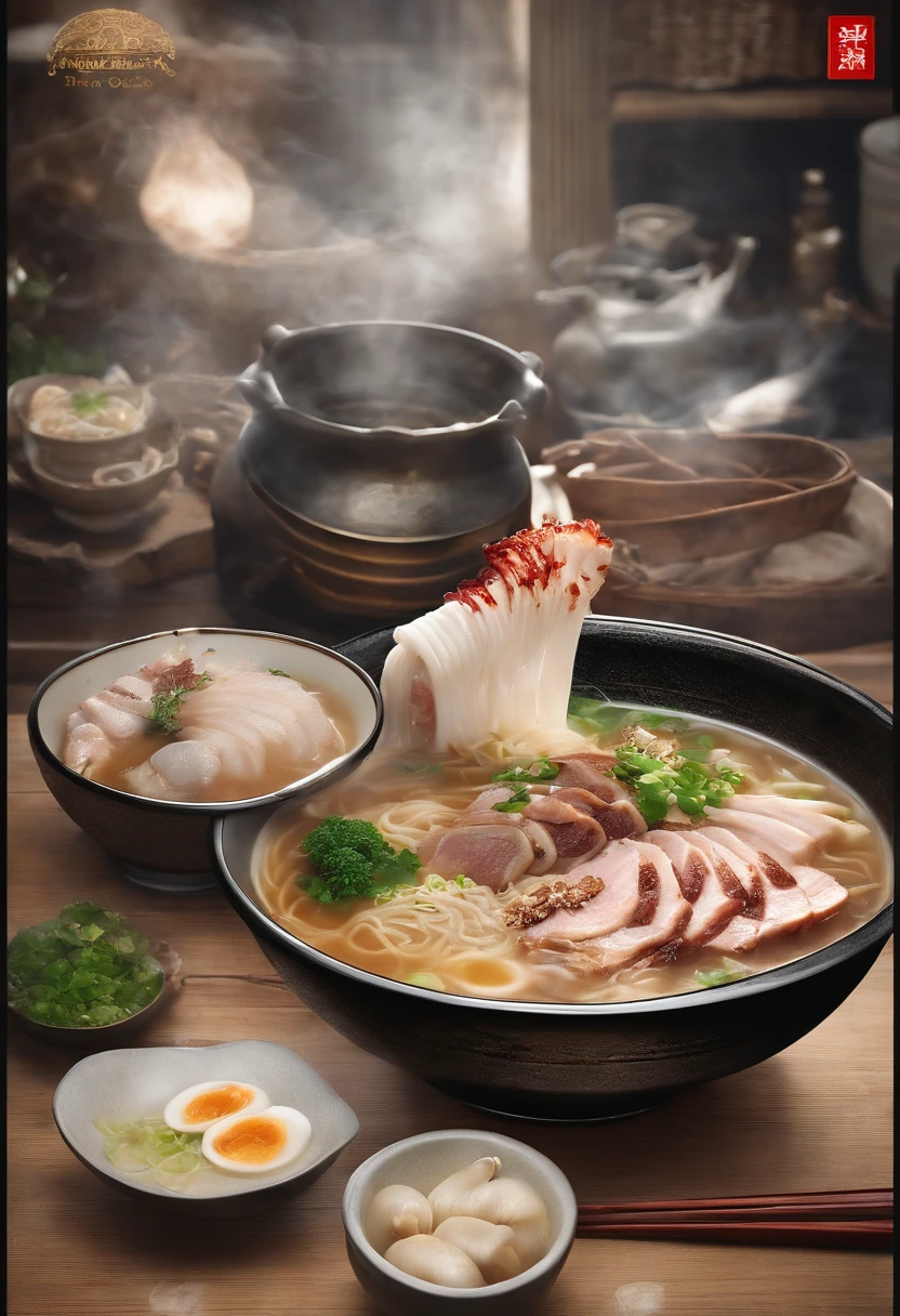Tonkotsu ramen, light, Pork bone, garlic, ginger, pork back fat, and chicken carcasses, high quality photograpic shot