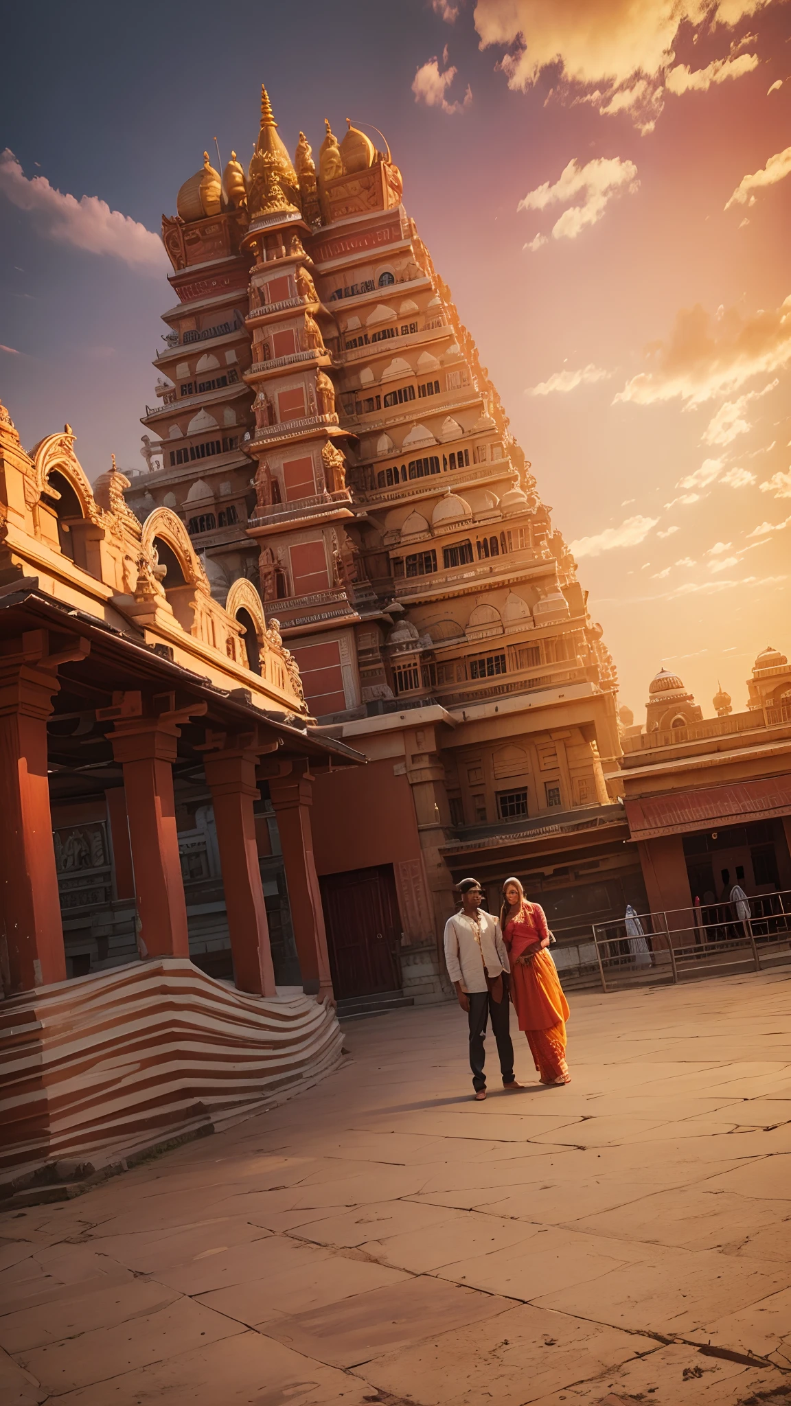 Traditional South Indian married couple in front of a magnificent Hindu temple.