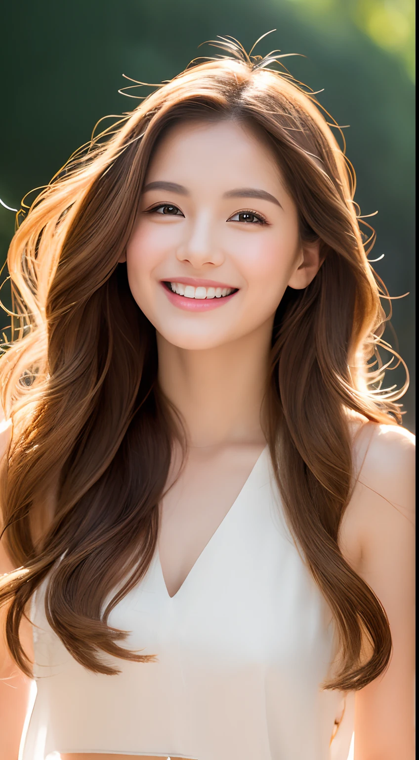 highest quality、genuine、Super detailed、finely、High resolution、8k wallpaper、one beautiful woman、、、light brown disheveled hair、wearing a tank top、sharp focus、perfect dynamic composition、beautiful and detailed eyes、thin hair、Detailed genuine skin texture、smile、model body shape、In a windswept meadow