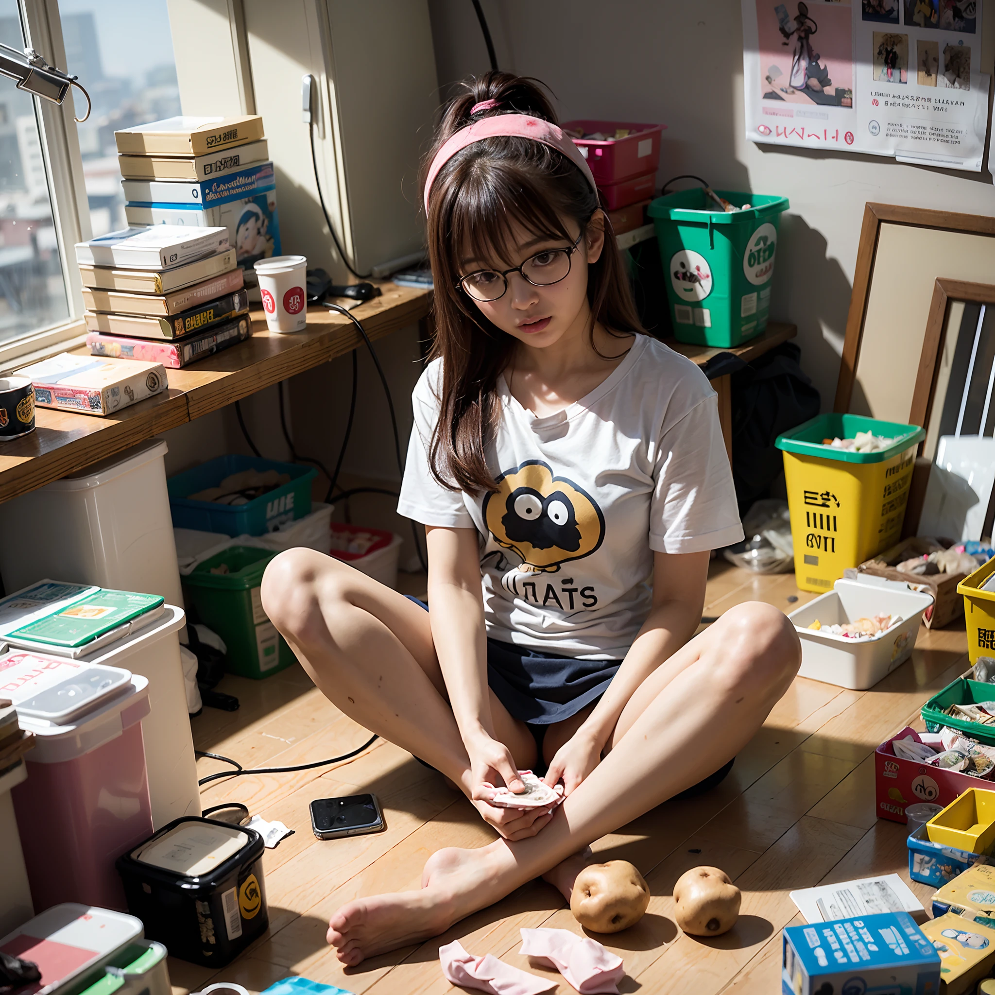 (8K、Raw photography、Top image quality、masterpiece、:1.2)、(realisitic、Photorealsitic:1.37)、1人、独奏、(Sitting on the garbage in an incredibly dirty room、Cute Japan girl operating smartphone:1.4)、Anime Otaku Girls、A dark-haired、short-hair、dishevled hair、Unkempt hair、bangss、Happy expression on face、Small bust、Wearing glasses、Anime Character Print T-Shirt、a miniskirt、head phone、Sitting on the floor、Agra、Room full of garbage、Garbage with rolled tissue、Surrounded by mountains of cartoons、Lots of anime character figures are on display.、Anime poster on the wall、Potato chips on the desk、Spilled potato chips、Roll Energy Drink、Scattering of food waste、Messy room、Underwear left undressed on the floor、超A high resolution、physically-based renderingt、cinematlic lighting、dynamic ungle