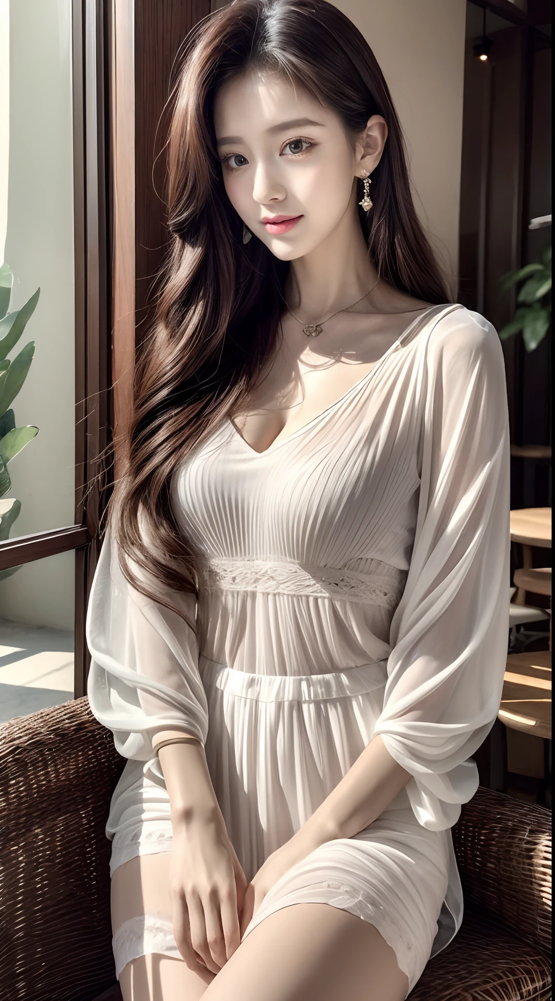 (Photorealistic) woman with (Long, Flowing) lavender hair, (Fair, porcelain) skin, Sit leisurely in the café, (relaxing), Sip a cup of coffee. She is wearing a (semi transparent, sheer) White blouse, adorned with (subtle, Delicate) Red bracelet. The café was packed (soft, warm) Lighting that creates a relaxing atmosphere. (Vivid colors) Embrace the scene, Create an (Dreamlike, Ethereal) ambiance.