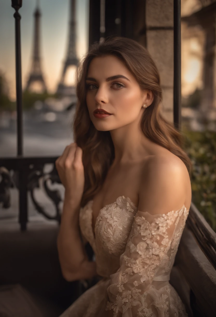 RAW, analogue, Nikon Z 85mm, award winning glamour photograph,((La mejor calidad)), ((Obra maestra)), ((realista)), Siglo 18, Imagen vintage, hermosa mujer francesa vistiendo, lace dress and corset, llevar una corona, 17 year old, (long brown hair), Ojos color avellana, small perky breasts, sitting outside at a Paris caf, Torre Eiffel al fondo, little guy, ((small breasts)), inocente, Pedales de flores en el aire, (Pecas:0.6), Detalles intrincados, Altamente detallado, foco nítido, profesional, 4k, flores de primavera floreciendo, Dios Rayos, Modelo de mano, Impresionantes ojos azules, little guy, delicado, inocente,Altas Resoluciones, Detailed facial features, High detail, foco nítido, Suave, aesthetic, extremadamente detallado, Foto_\(ultra\), fotorrealista, realista, Post-procesamiento, maximum details, aspereza, vida real, ultra realista, Fotorrealismo, Cinematographer, 8k UHD, Cinematographer, Luz semi-silueta, Cara rusa