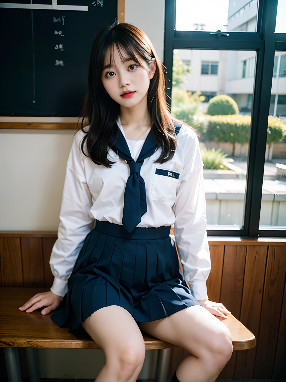 arafly dressed woman sitting on a chair in a school uniform, korean girl, jaeyeon nam, captured on canon eos r 6, sailor uniform, cute schoolgirl, a hyperrealistic schoolgirl, taken with canon 5d mk4, hyperrealistic schoolgirl, girl wearing uniform, wearing japanese school uniform, sakimichan, young 17 years old