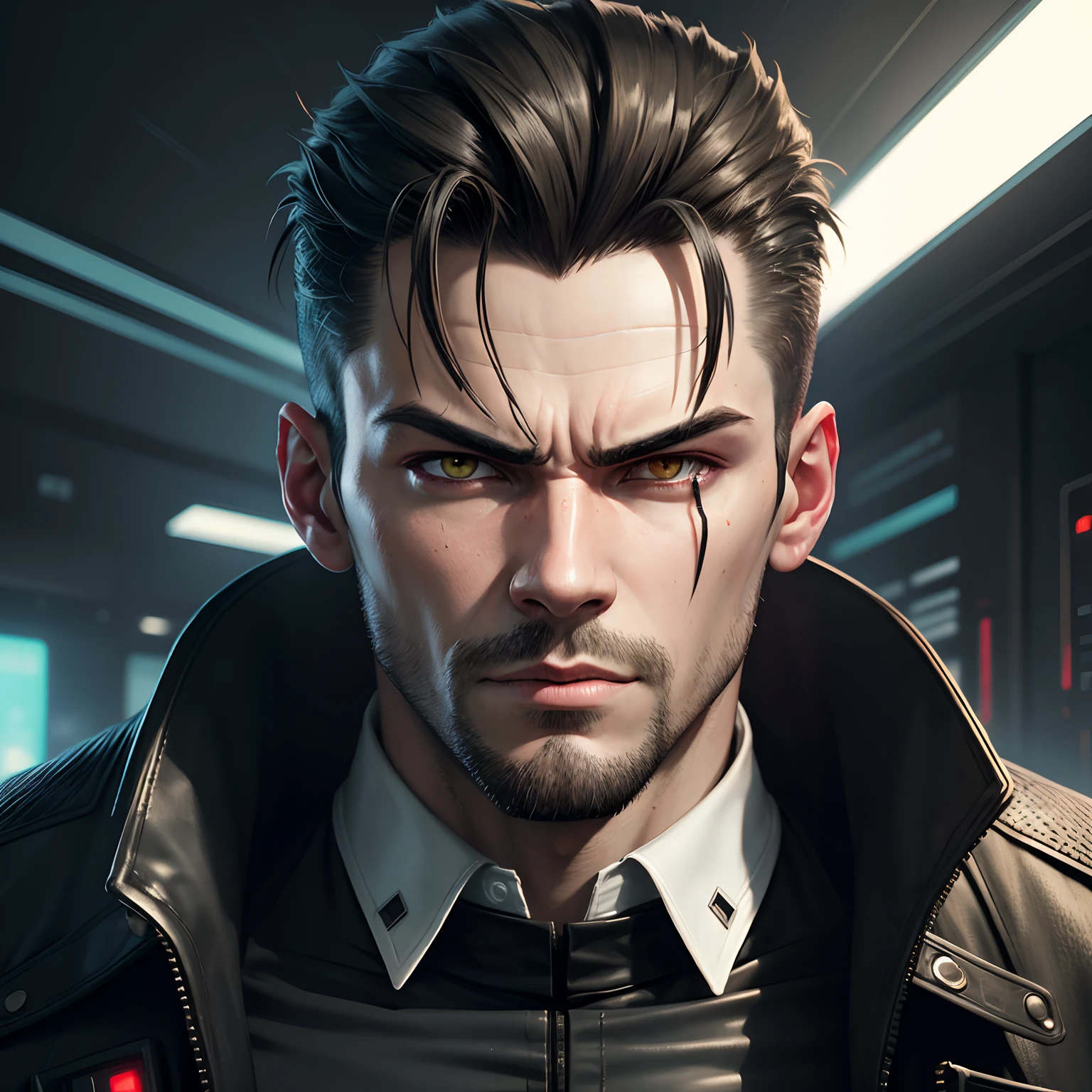Neo from the Matrix, ultra-realistic face with stubble, masculine, cyberpunk background