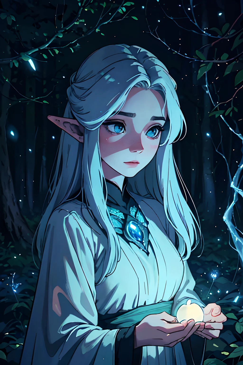 (melhor qualidade,4k,8k,Altas,master part:1.2),ultra-detalhado,(Realistic,fotorrealista,photo-realistic:1.37),Uma mulher bonita com cabelo preto longo,vestindo roupas pretas medievais,em uma floresta escura,olhos azuis,beautiful detailed facial features, banshee,pale skin with a blush,Seio amplo,atmosfera sombria e misteriosa,subtle moonlight filtering through the trees,ambiente enevoado e nebuloso,soft and ethereal lighting,Elven appearance,delicate and feminine features,calm and serene expression,Cabelos suavemente ondulados, adding a sense of movement and grace,surrounded by tall ancient trees with twisted branches and hanging vines,Subtle hints of magical elements like glowing fungi and sparkling fireflies,an air of mystery and enchantment.