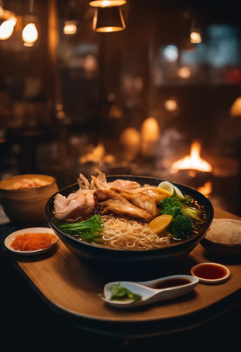 Shoi ramen with Chicken, salt, fish, vegetable, or pork stock, photograpic shot, with different table background style, with smoking, neon style