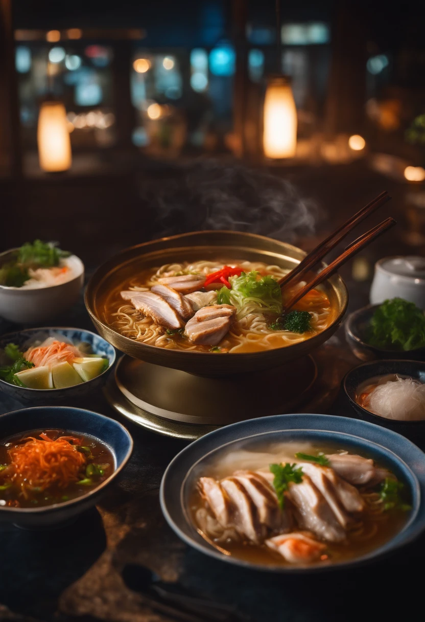 Shoi ramen with Chicken, salt, fish, vegetable, or pork stock, photograpic shot, with different table background style, with smoking, neon style