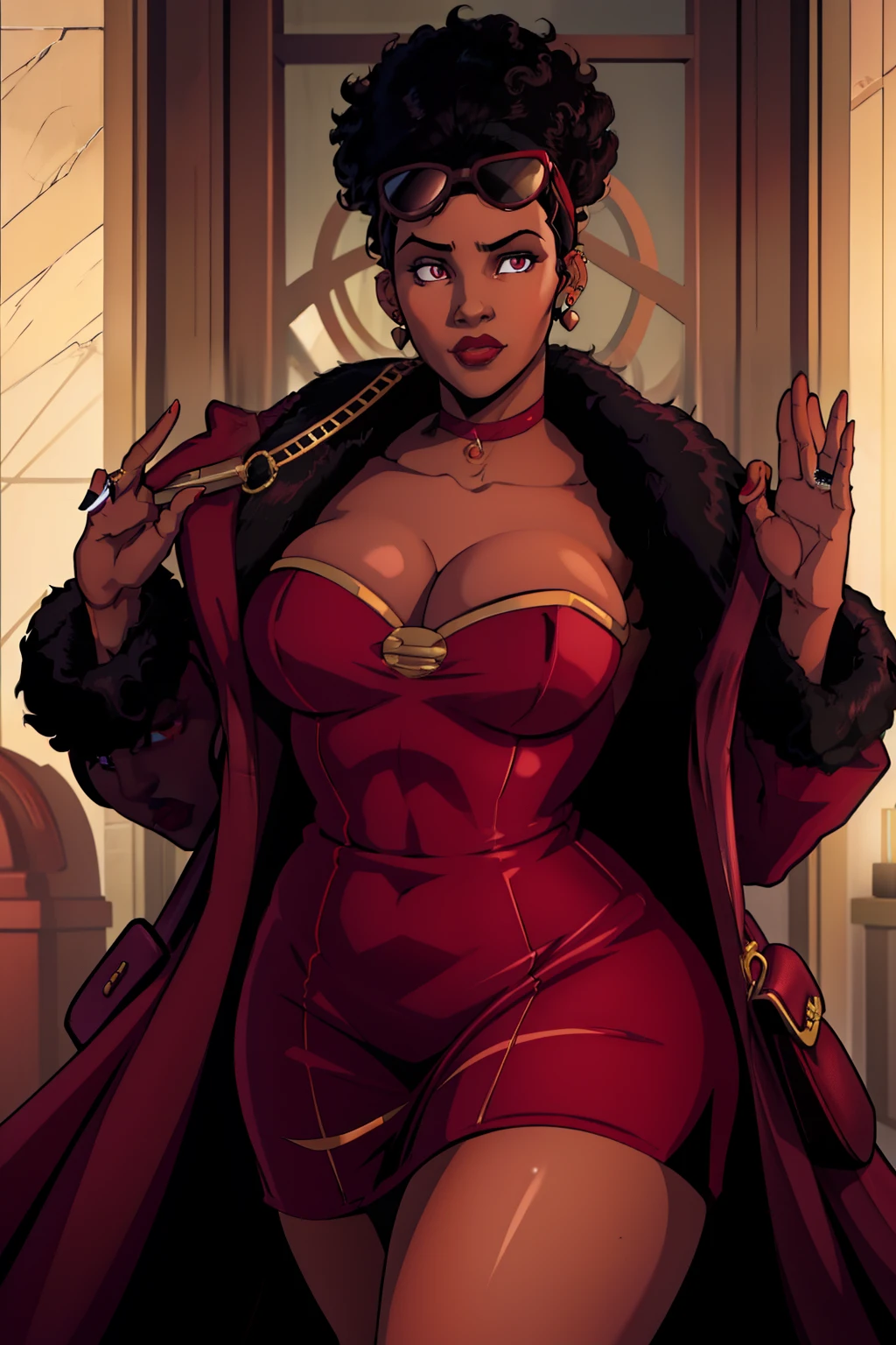 Best quality, solo mature woman, dark brown skin, curly black hair, red velvet eyes, full lips, seductive, slutty satin dress, long piercing, black choker, red sunglasses, fur coat, expensive purse, chubby physique, thick thighs