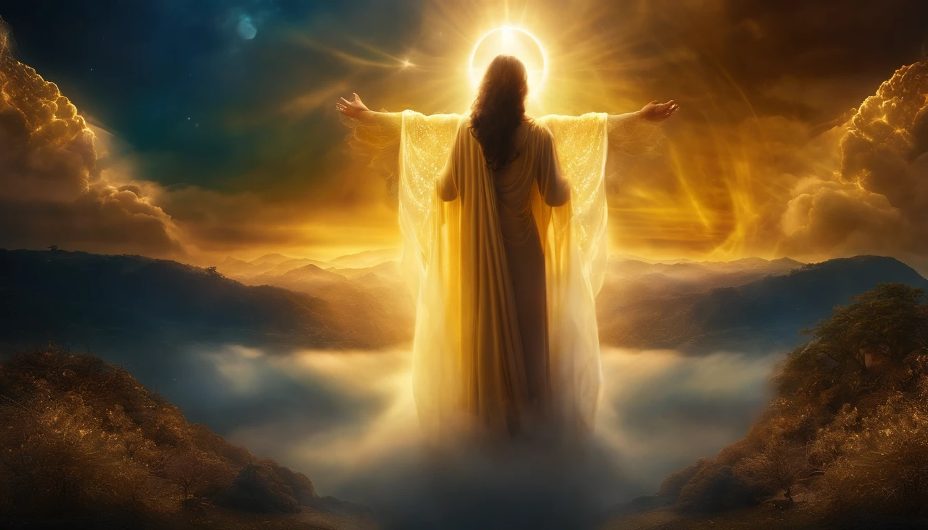 crie uma imagem de Deus com detalhes surreais, Showing a Divine Being in a Heavenly Setting, com cores vibrantes e luminosidade intensa. Add elements of golden divine light radiating through the scenery and effects of mystical particles in the air.