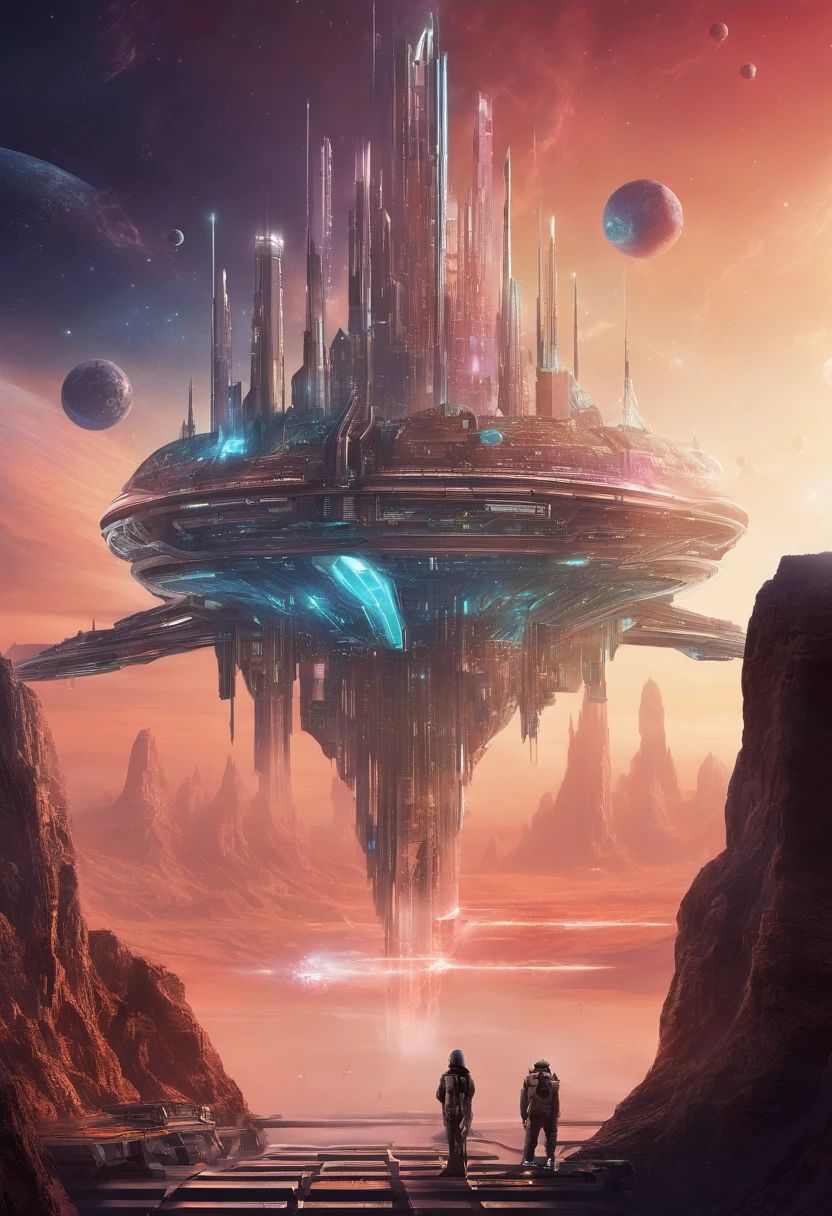 A futuristic science fiction world, this huge castle in space has no concept of up or down. An upside-down castle, a space fortress, a space port, a giant cluster of antennas, (Best quality), (masterpiece:1.3), No ground, outer space, space opera,