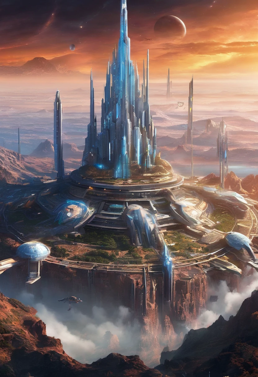 A futuristic science fiction world, this huge castle in space has no concept of up or down. An upside-down castle, a space fortress, a space port, a giant cluster of antennas, (Best quality), (masterpiece:1.3), No ground, outer space, space opera,