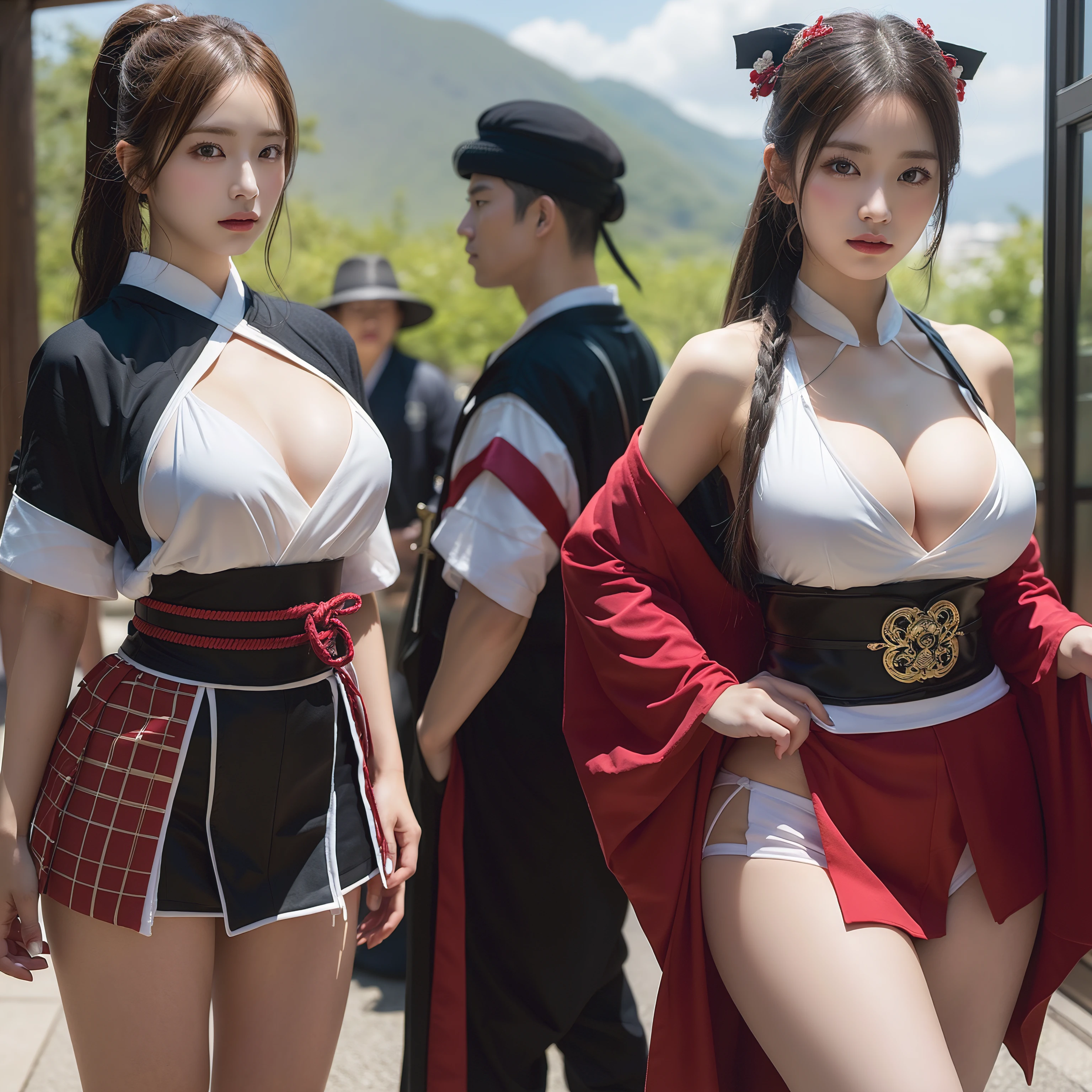 1Male Female Samurai((top-quality、8K、masterpiece:1.3))、full body Esbian、focus clear:1.2、Excellent style:1.4、masuter piece、(Realisticity: 1.2)、(Photorealsitic:1.3)、
realisitic、realisticlying、Raw foto、hyperdetailed face(Long ponytail、cool expression)、hyper detailed background(loimu)、Ultra-detailed costumes(a miniskirt、Samurai-style clothing)、hyperdetailed body(Moderately breasts、)、super-detaild skin 、Knives 、Transparent 、Valley 、breastsout