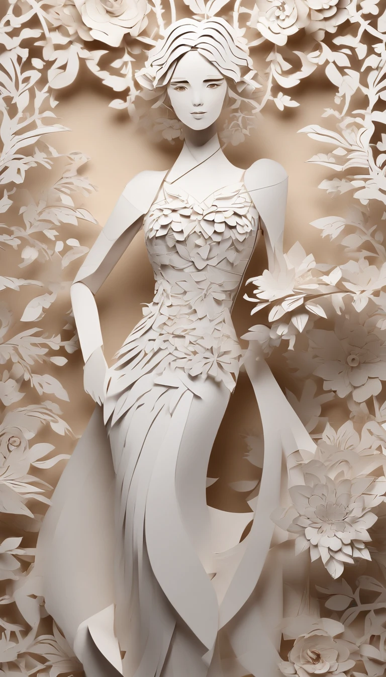 paper art、Colored paper、a beauty girl, shift dresses,long whitr hair, abstract backgrounds、Abstract characters