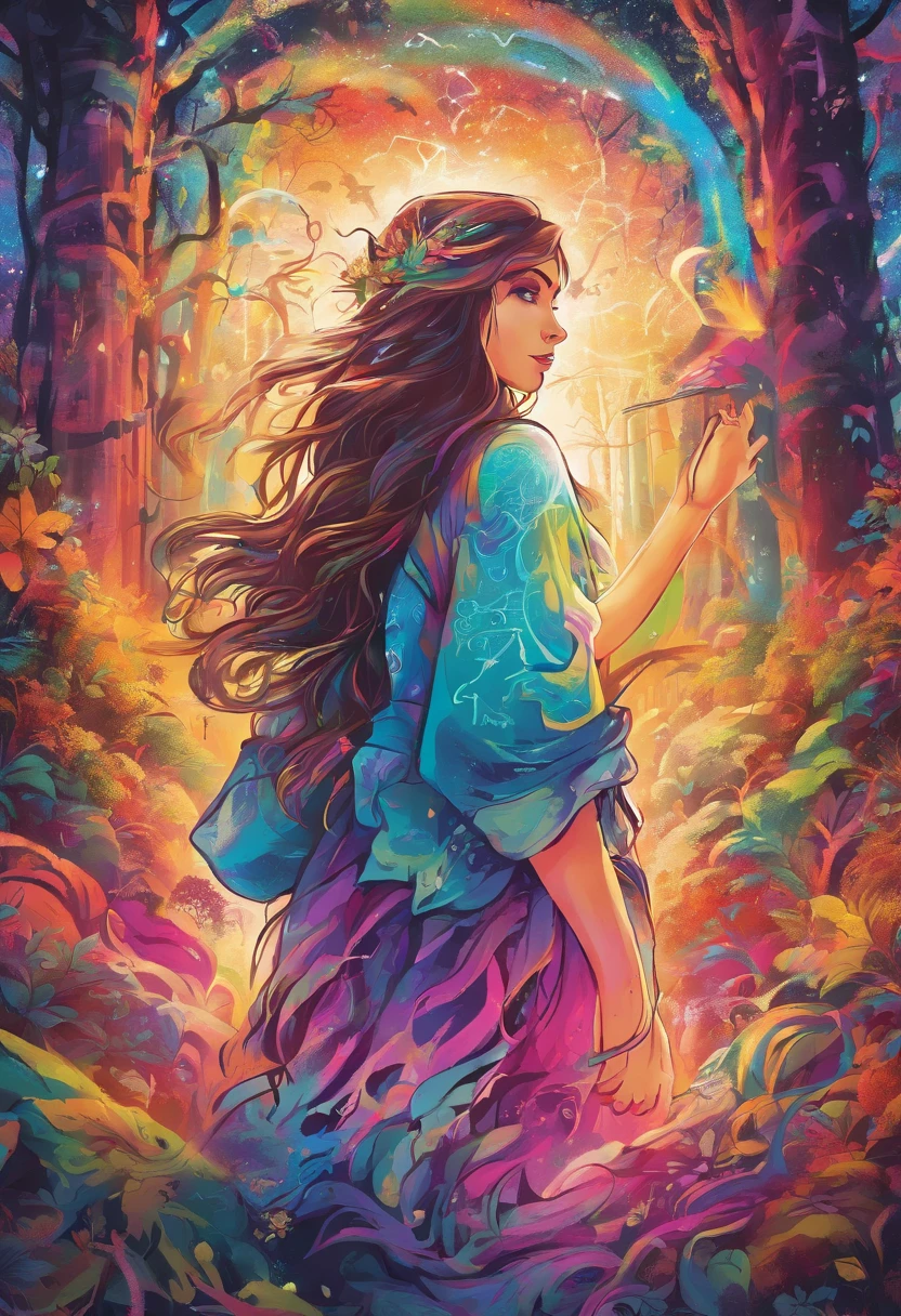 girl casting mystical glowing spells in fantasy rainbow forest