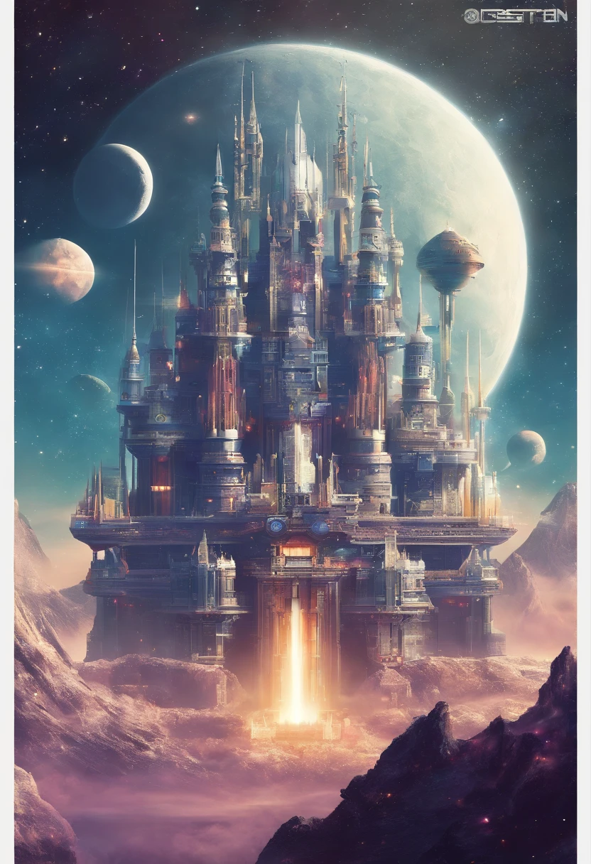 A futuristic science fiction world, this huge castle in space has no concept of up or down. An upside-down castle, a space fortress, a space port, a giant cluster of antennas, (Best quality), (masterpiece:1.3), No ground, outer space, space opera,