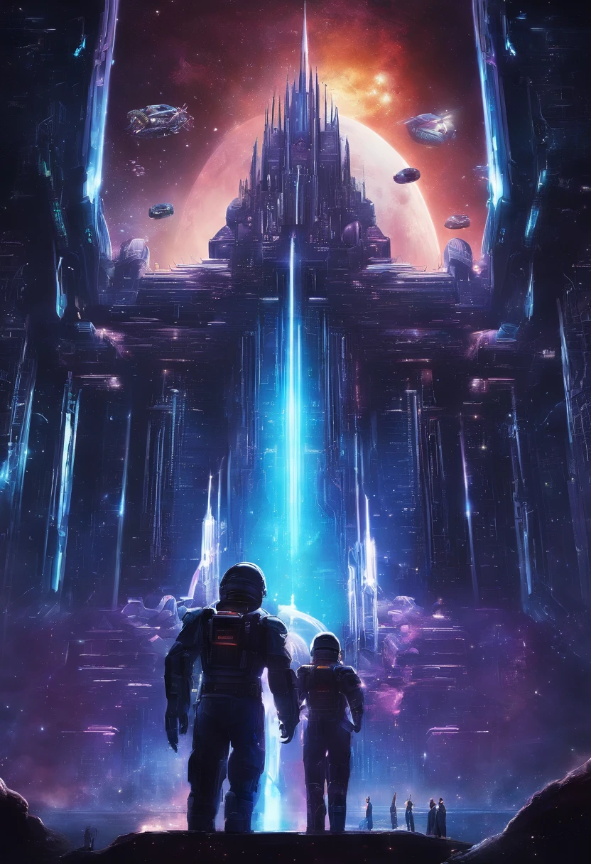 A futuristic science fiction world, this huge castle in space has no concept of up or down. An upside-down castle, a space fortress, a space port, a giant cluster of antennas, (Best quality), (masterpiece:1.3), No ground, outer space, space opera,