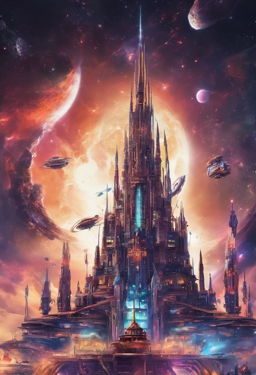 A futuristic science fiction world, this huge castle in space has no concept of up or down. An upside-down castle, a space fortress, a space port, a giant cluster of antennas, (Best quality), (masterpiece:1.3), No ground, outer space, space opera,
